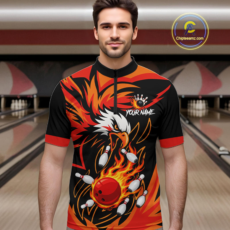 Man wearing black and orange flame eagle bowling quarter zip shirt front view.