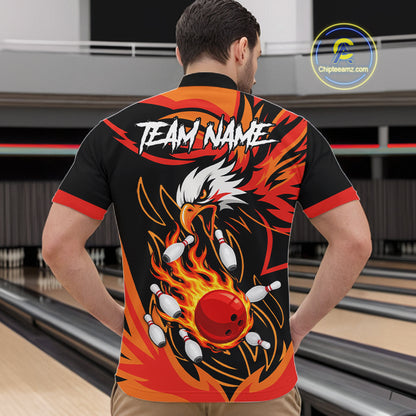 Man wearing black and orange flame eagle bowling quarter zip shirt back view.