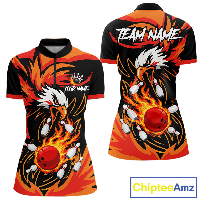 Black and orange flame eagle bowling quarter zip shirt for women.