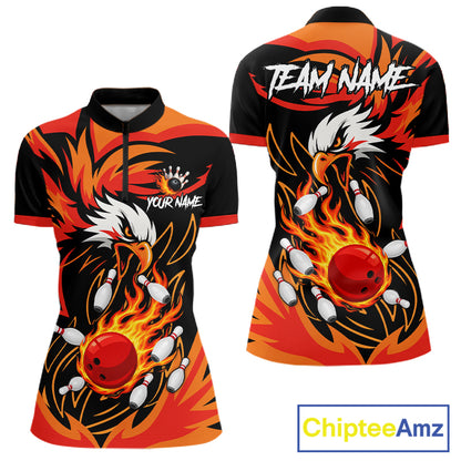 Black and orange flame eagle bowling quarter zip shirt for women.