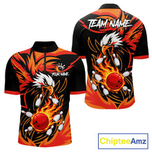 Load image into Gallery viewer, Black and orange flame eagle bowling quarter zip shirt for men.