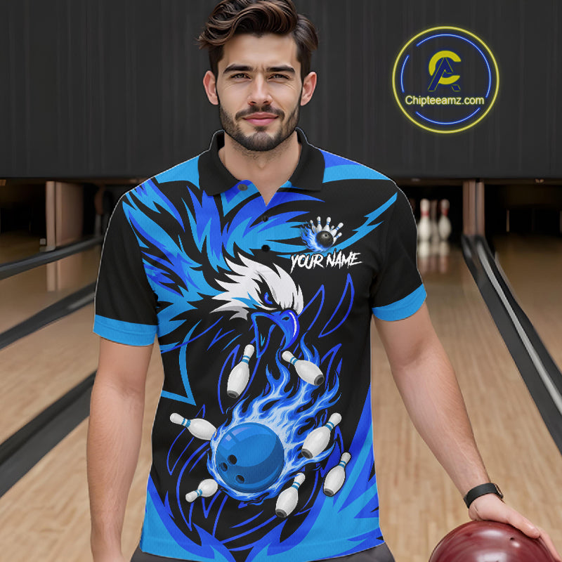 Man wearing black and blue flame eagle bowling polo shirt front view.