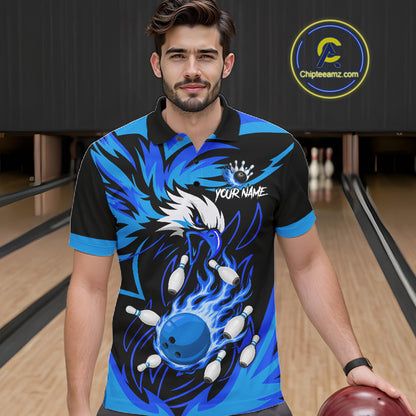 Man wearing black and blue flame eagle bowling polo shirt front view.