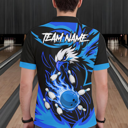Man wearing black and blue flame eagle bowling polo shirt back view.