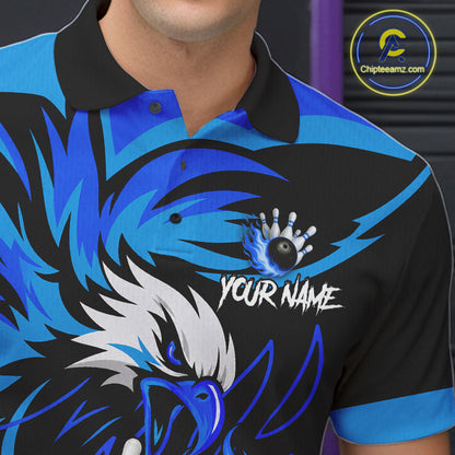 Close up of black and blue flame eagle bowling polo shirt collar, buttons and chest design.