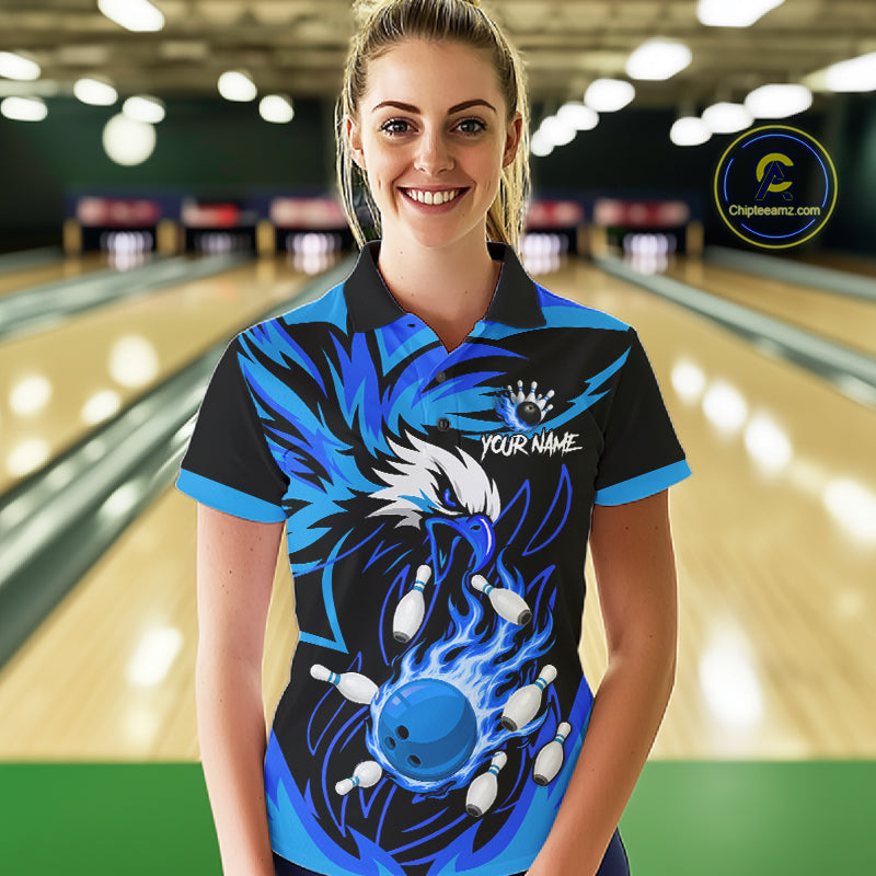 Woman wearing black and blue flame eagle bowling polo shirt front view.