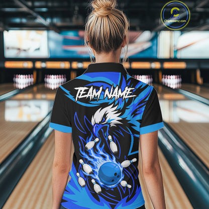 Woman wearing black and blue flame eagle bowling polo shirt back view.