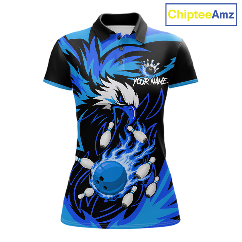 Black and blue flame eagle bowling team polo shirt for women.