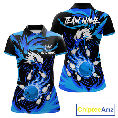 Black and blue flame eagle bowling polo shirt for women, custom bowling team jersey.