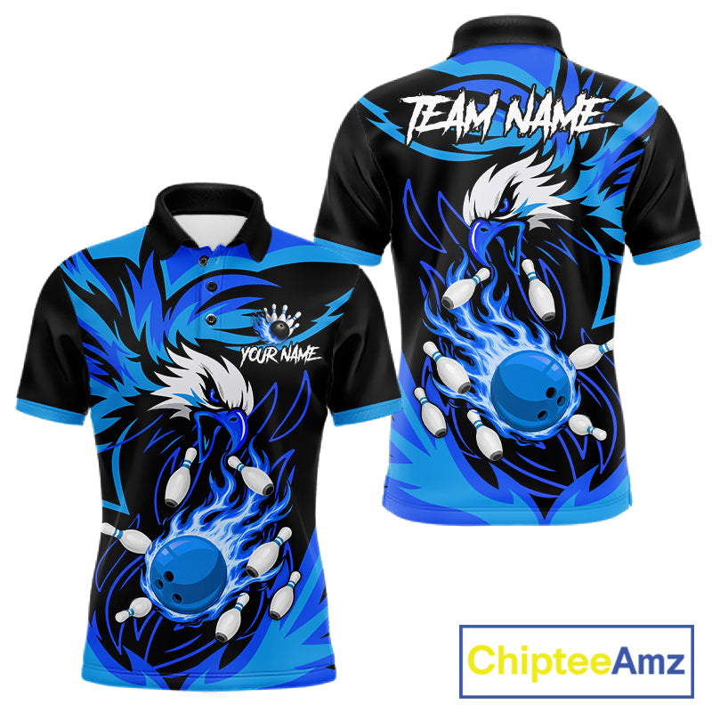 Black and blue flame eagle bowling team polo shirt for men.