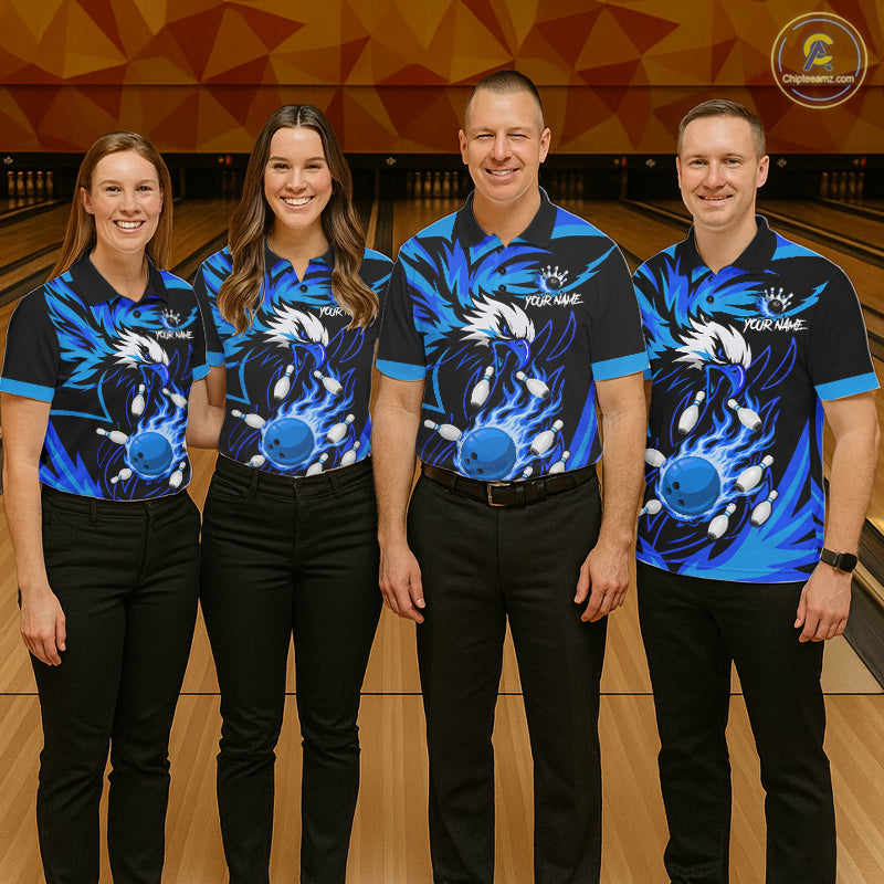 Bowling team wearing matching black and blue flame eagle jerseys front view.