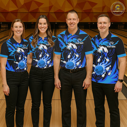 Bowling team wearing matching black and blue flame eagle jerseys front view.