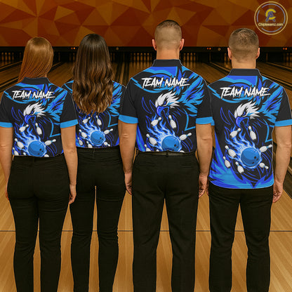 Bowling team wearing matching black and blue flame eagle jerseys back view.