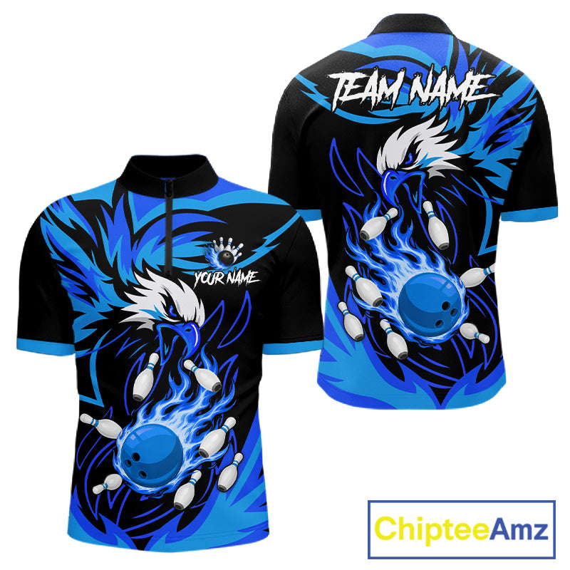 Black and blue flame eagle bowling quarter zip shirt for men.