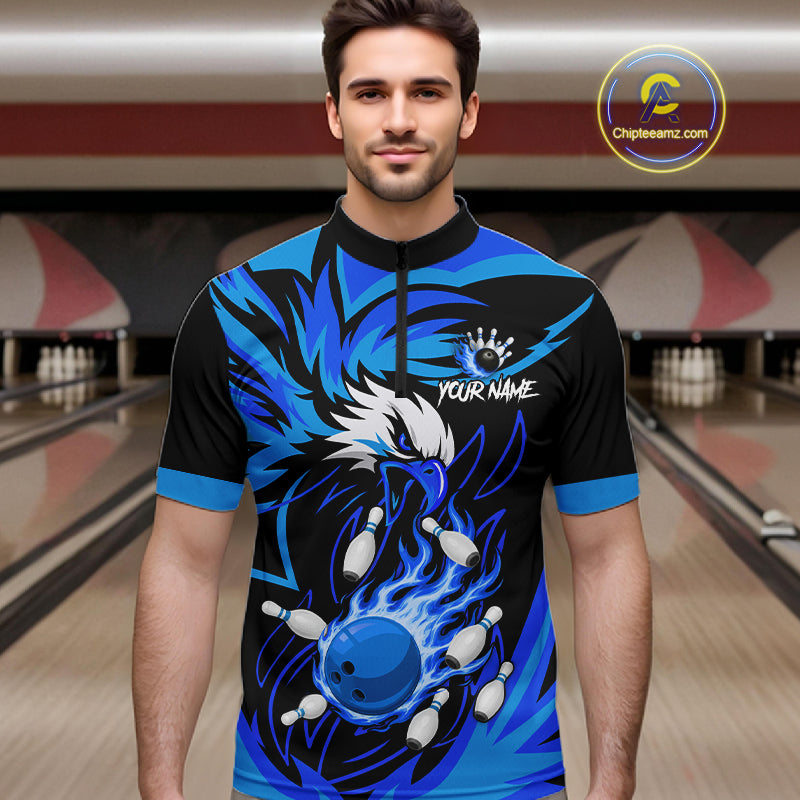 Man wearing black and blue flame eagle bowling quarter zip shirt front view.