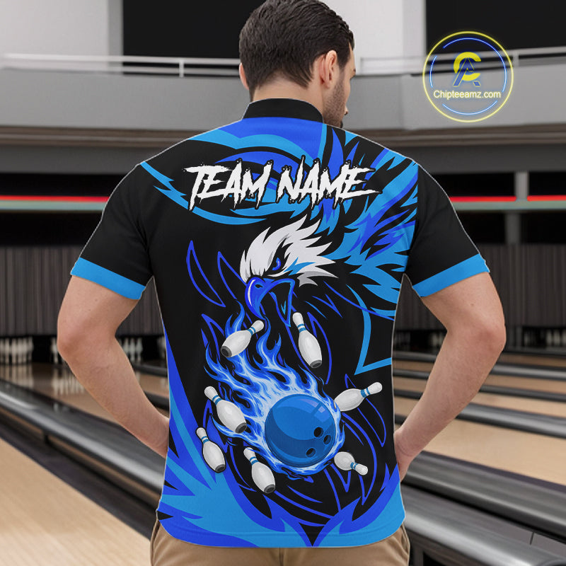 Man wearing black and blue flame eagle bowling quarter zip shirt back view.