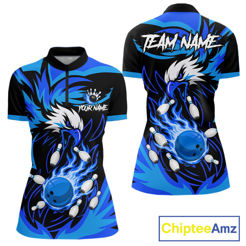 Black and blue flame eagle bowling quarter zip shirt for women.