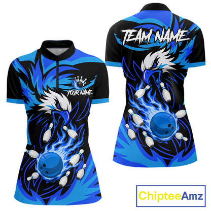 Black and blue flame eagle bowling quarter zip shirt for women.