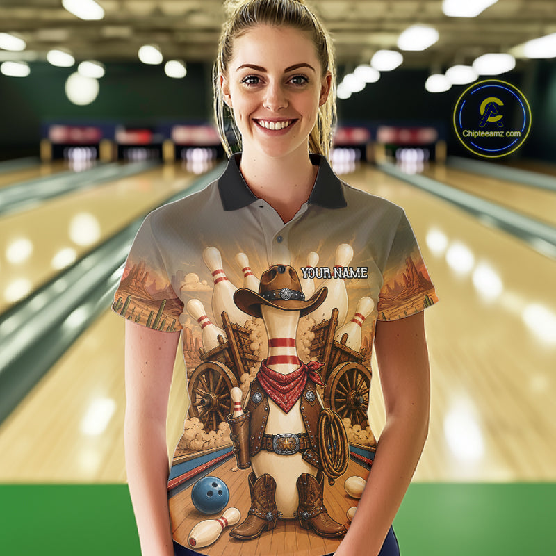 Woman wearing funny cowboy bowling polo shirt front view.