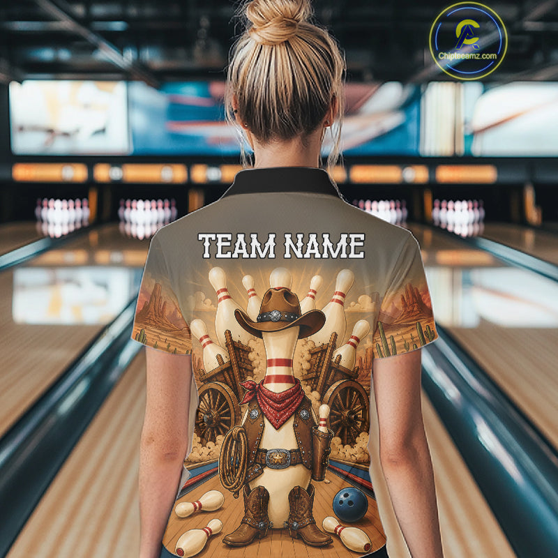 Woman wearing funny cowboy bowling polo shirt back view.