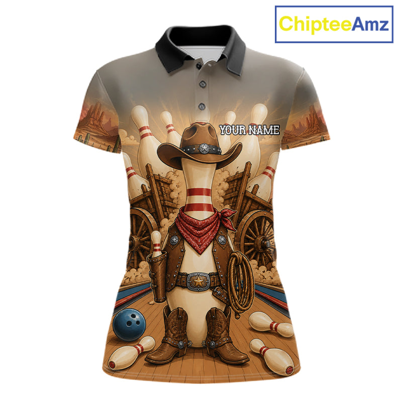 Funny cowboy bowling team polo shirt for women.