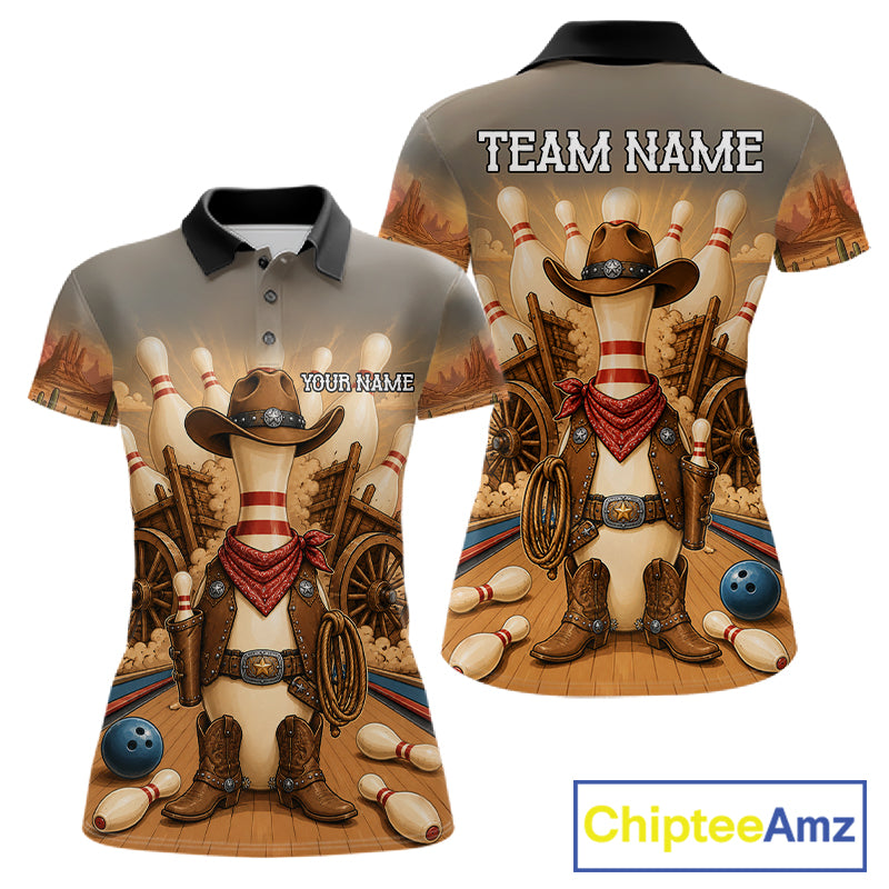 Funny cowboy bowling polo shirt for women, custom bowling team jersey.