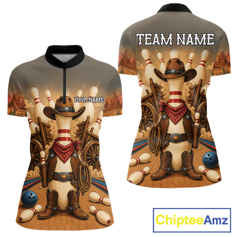 Funny cowboy bowling quarter zip shirt for women.