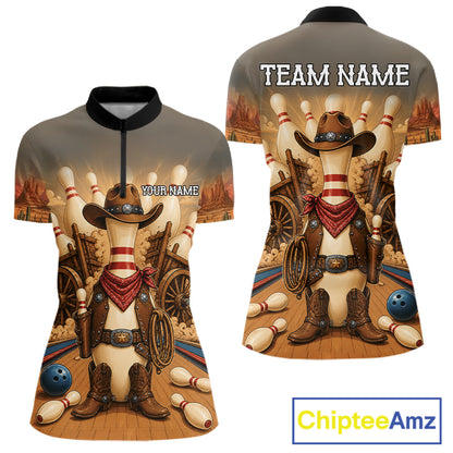 Funny cowboy bowling quarter zip shirt for women.