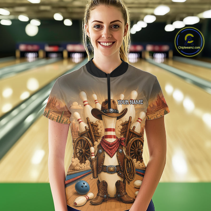 Woman wearing funny cowboy bowling quarter zip shirt front view.
