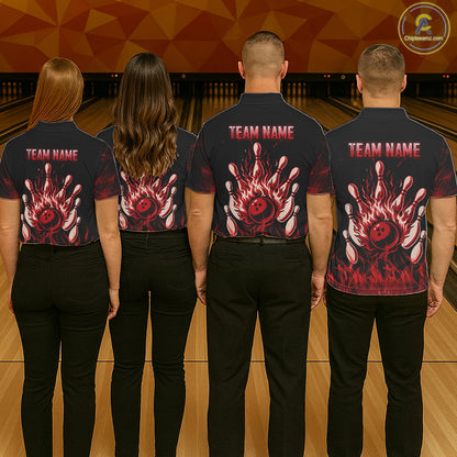 Red Flaming Skull Bowling Shirts For Women Custom Fire Bowling Team Jersey Polo & Quarter Zip TDM5617