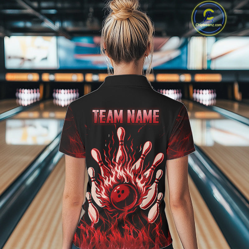 Red Flaming Skull Bowling Shirts For Women Custom Fire Bowling Team Jersey Polo & Quarter Zip TDM5617