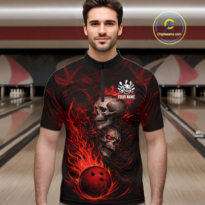 Red Flaming Skull Bowling Shirts For Men Custom Fire Bowling Team Jersey Polo & Quarter Zip TDM5617