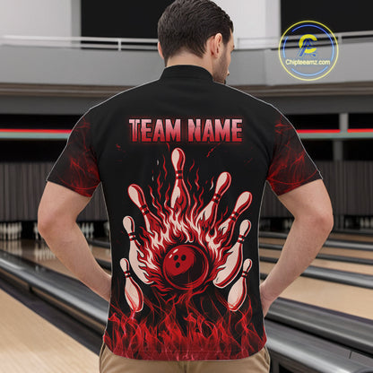 Red Flaming Skull Bowling Shirts For Men Custom Fire Bowling Team Jersey Polo & Quarter Zip TDM5617