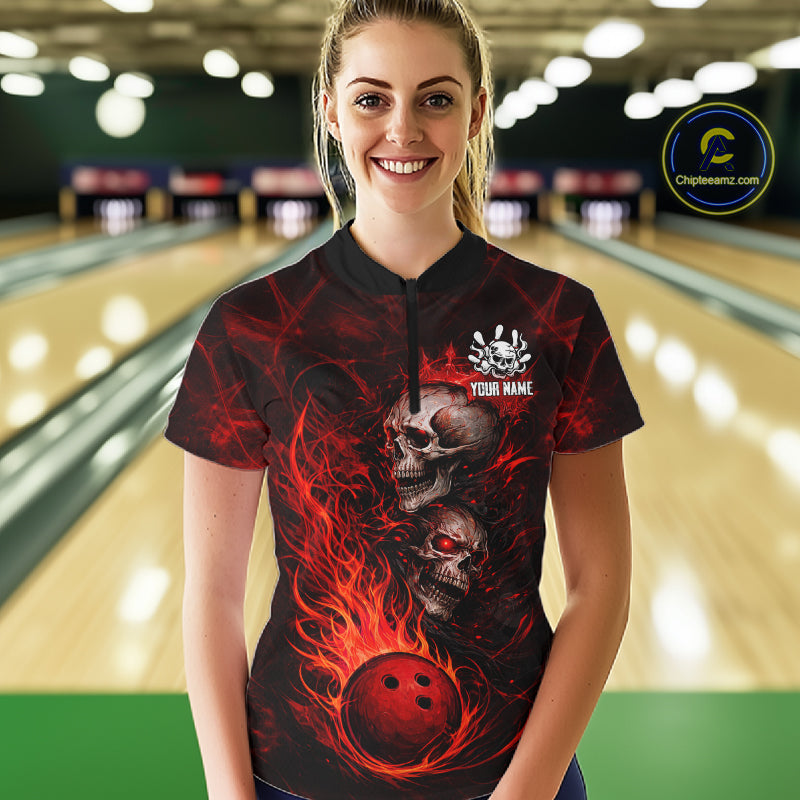 Red Flaming Skull Bowling Shirts For Women Custom Fire Bowling Team Jersey Polo & Quarter Zip TDM5617