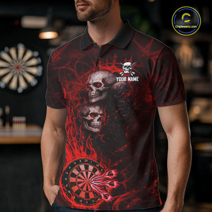 Red Flaming Skull Darts Polo & Quarter Zip Custom Fire Darts Shirt For Men, Darts Team Jersey TDM5620