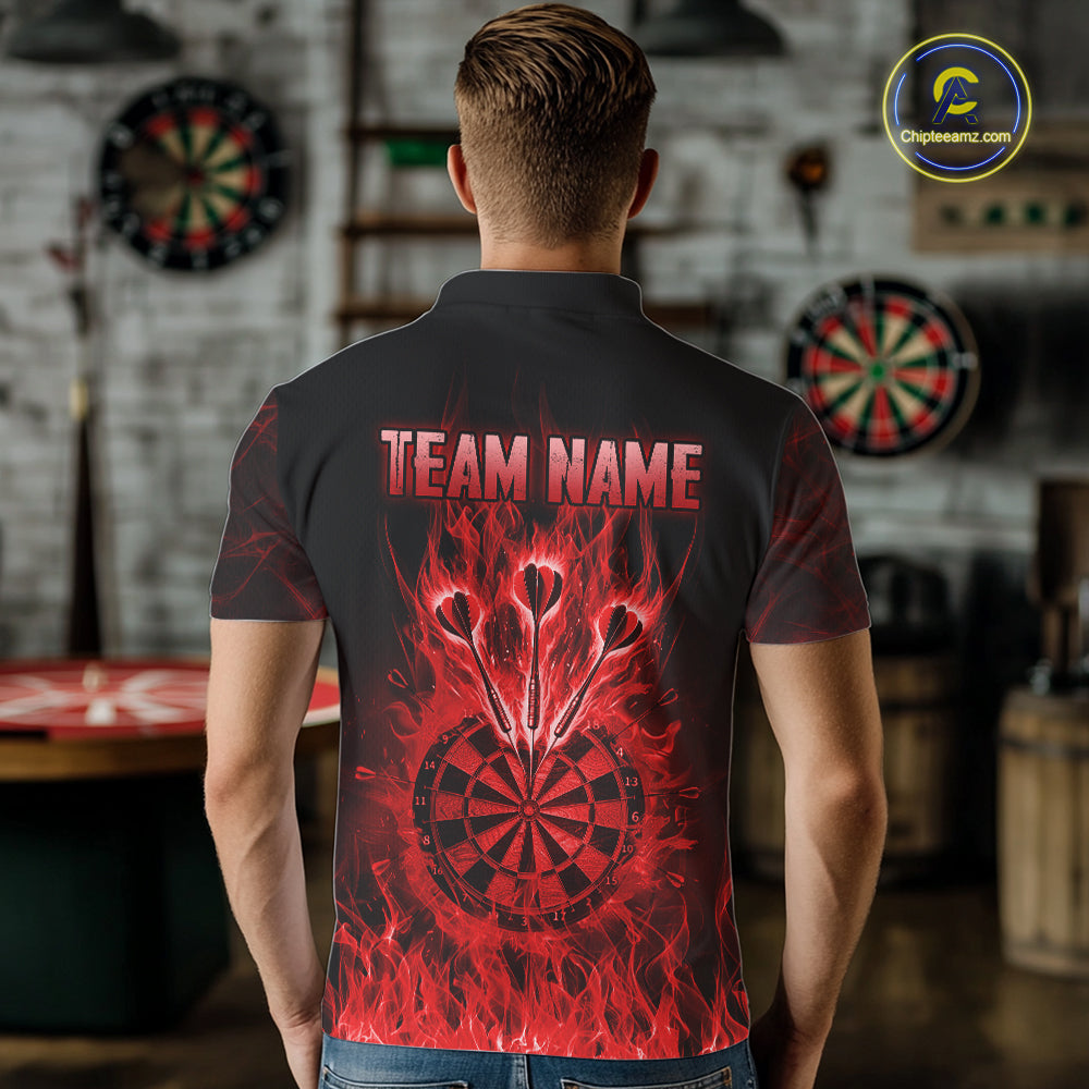 Red Flaming Skull Darts Polo & Quarter Zip Custom Fire Darts Shirt For Men, Darts Team Jersey TDM5620