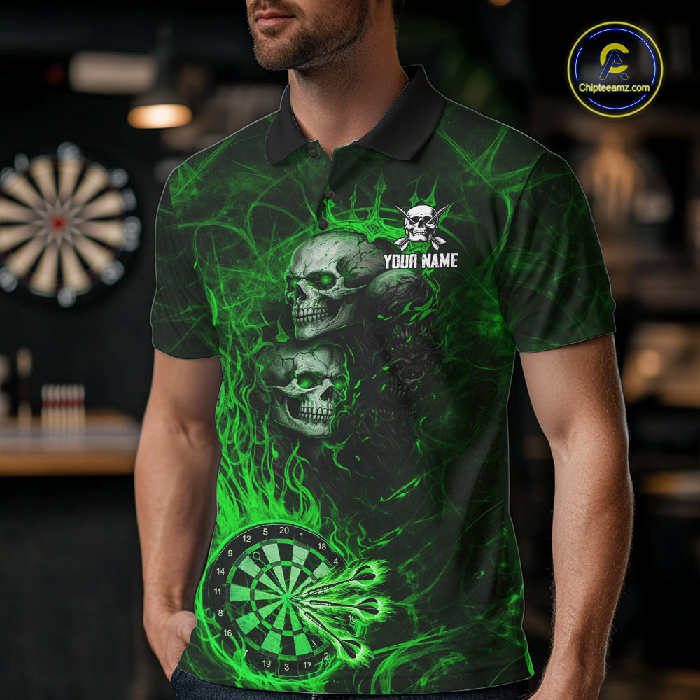 Green Flaming Skull Darts Polo & Quarter Zip Custom Fire Darts Shirt For Men, Darts Team Jersey TDM5621