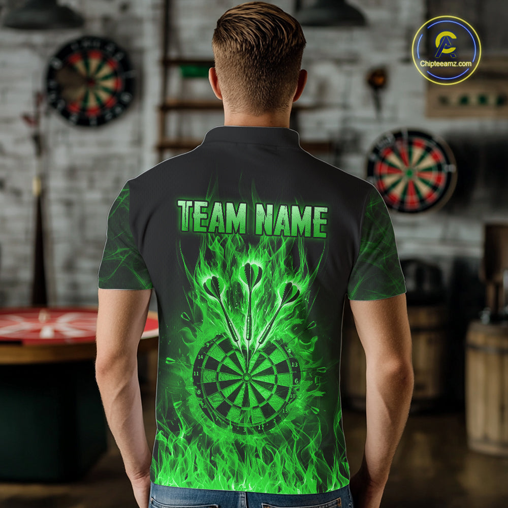 Green Flaming Skull Darts Polo & Quarter Zip Custom Fire Darts Shirt For Men, Darts Team Jersey TDM5621