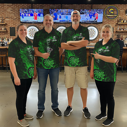 Green Flaming Skull Darts Polo & Quarter Zip Custom Fire Darts Shirt For Men, Darts Team Jersey TDM5621