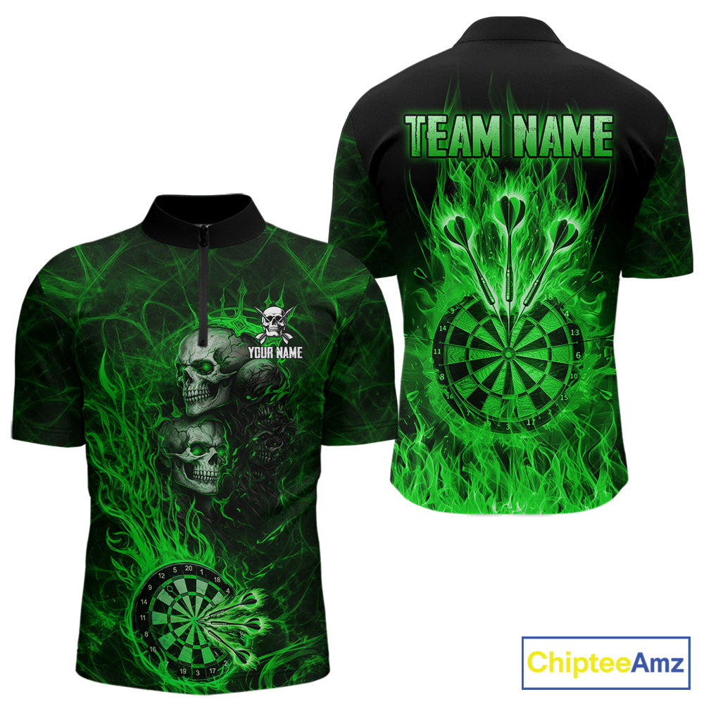 Green Flaming Skull Darts Polo & Quarter Zip Custom Fire Darts Shirt For Men, Darts Team Jersey TDM5621