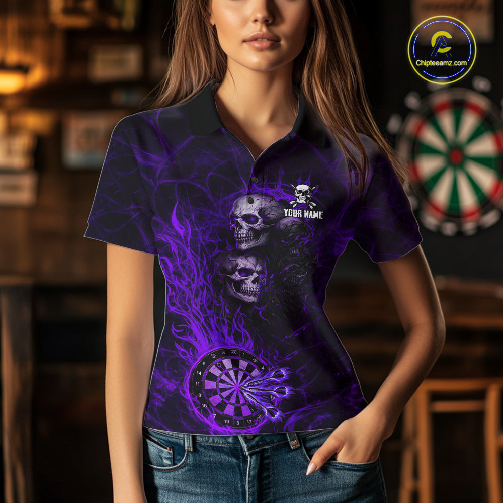 Purple Flaming Skull Darts Polo & Quarter Zip Custom Fire Darts Shirt For Women, Darts Team Jersey TDM5622