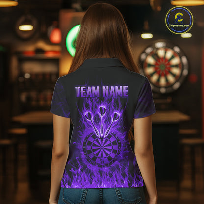 Purple Flaming Skull Darts Polo & Quarter Zip Custom Fire Darts Shirt For Women, Darts Team Jersey TDM5622