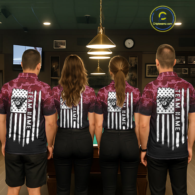 Black And Red Camo US Flag 8 Ball Billiard Shirt For Men Custom Pool Team Jersey Polo & 1/4 Zip TDM5994