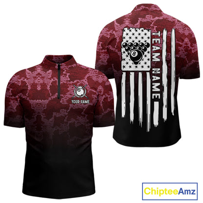 Black And Red Camo US Flag 8 Ball Billiard Shirt For Men Custom Pool Team Jersey Polo & 1/4 Zip TDM5994
