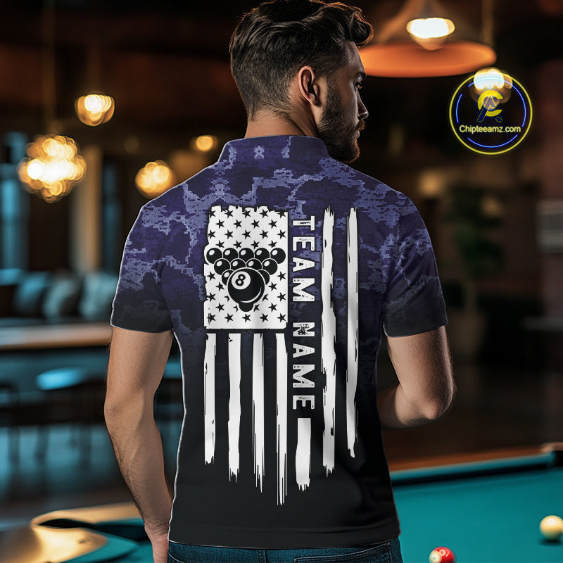 Black And Purple Camo US Flag 8 Ball Billiard Shirt For Men Custom Pool Team Jersey Polo & 1/4 Zip TDM5995