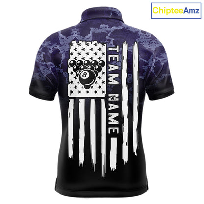 Black And Purple Camo US Flag 8 Ball Billiard Shirt For Men Custom Pool Team Jersey Polo & 1/4 Zip TDM5995