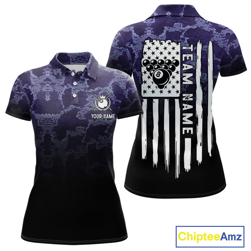 Black And Purple Camo US Flag 8 Ball Billiard Shirt For Women Custom Pool Team Jersey Polo & 1/4 Zip TDM5995
