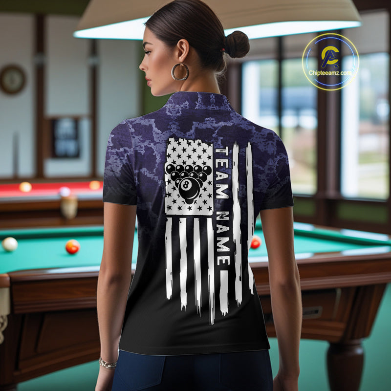 Black And Purple Camo US Flag 8 Ball Billiard Shirt For Women Custom Pool Team Jersey Polo & 1/4 Zip TDM5995