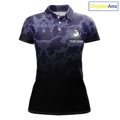 Black And Purple Camo US Flag 8 Ball Billiard Shirt For Women Custom Pool Team Jersey Polo & 1/4 Zip TDM5995