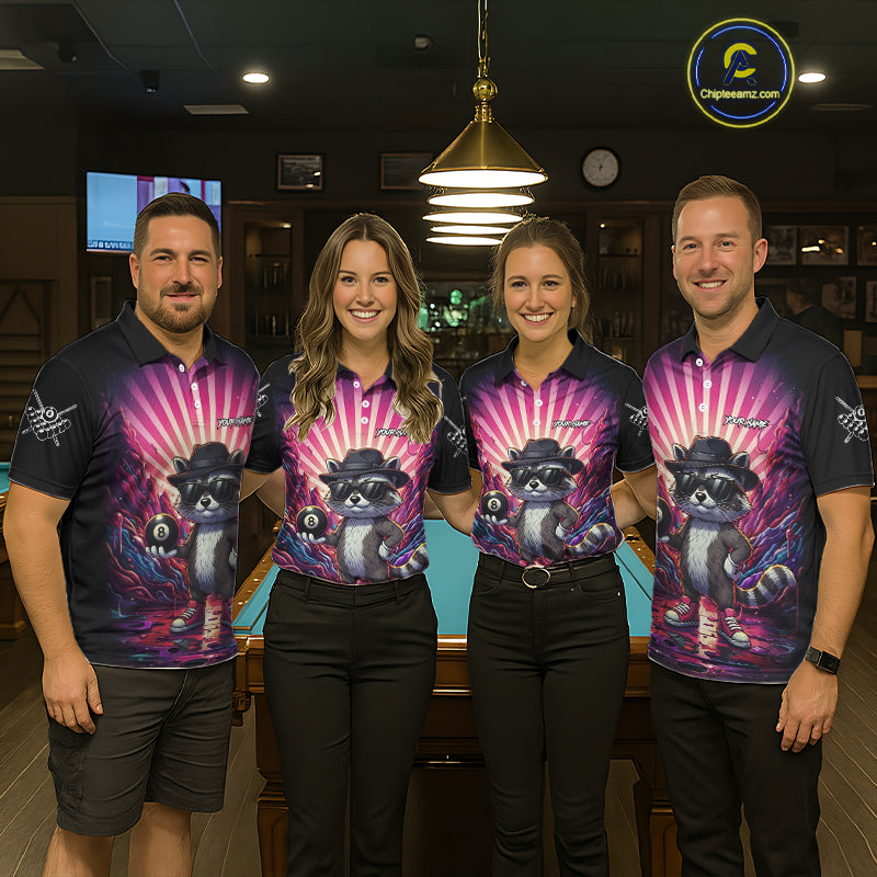 Funny Raccoon 8 Ball Billiard Shirt For Women Custom Pink Graffiti Pool Jersey Team Polo & 1/4 Zip TDM5998